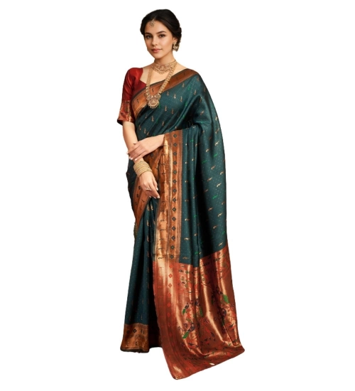 Generic Women's Silk Blend Zari Woven Saree With Unstitched Blouse 5.5Mtr (Green)