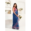 Generic Women's Faux Linen Floral Print Ready to wear Saree With Unstitched Blouse 5.5Mtr (Blue)