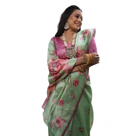 Generic Women's Faux_Tussar Floral_Print Saree With Unstitched Blouse 5.5Mtr (Light_Green) Generic Women's Faux_Tussar Floral_Print Saree With Unstitched Blouse 5.5Mtr (Light_Green)