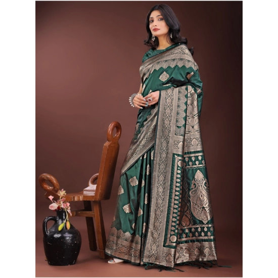 Generic Women's Silk Printed Saree With Unstitched Blouse 5.5Mtr (Green)