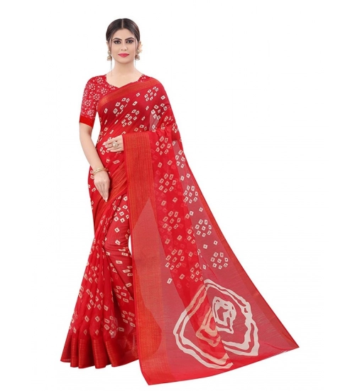 Generic Women's Cotton Silk Bandhni Saree With Unstitched Blouse 5.5Mtr (Red)