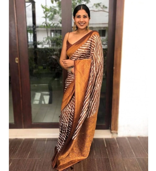 Generic Women's Soft Litchi Silk Jacquard Work Saree With Unstitched Blouse 5.5Mtr (Brown)