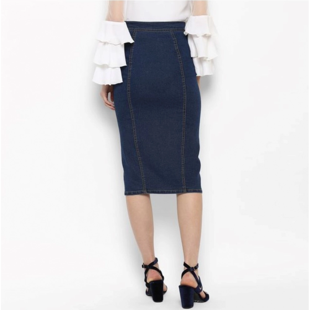 Generic Women's Denim Front Button Buttoned Skirt (Blue)