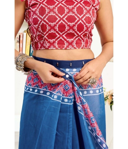 Generic Women's Faux Linen Floral Print Ready to wear Saree With Unstitched Blouse 5.5Mtr (Blue)