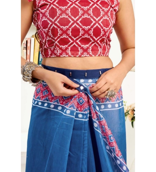 Generic Women's Faux Linen Floral Print Ready to wear Saree With Unstitched Blouse 5.5Mtr (Blue)
