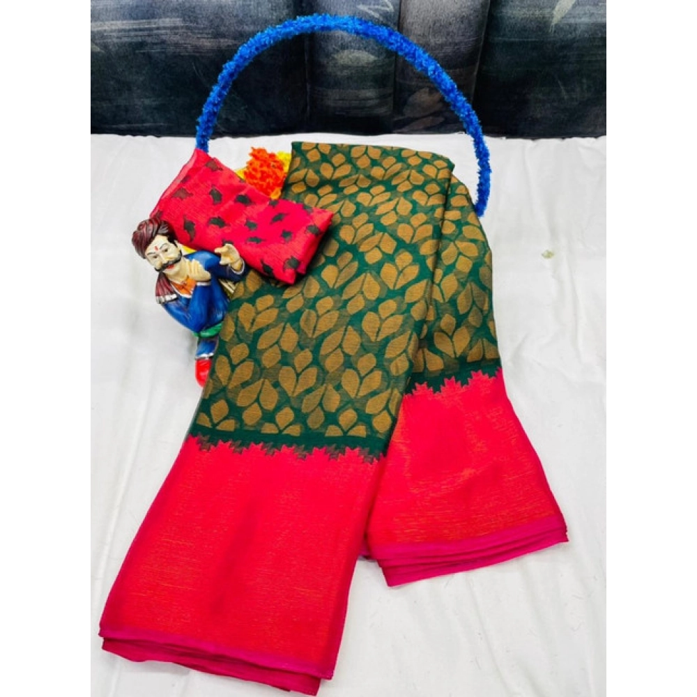 Generic Women's Brasso Printed Saree With Unstitched Blouse 5.5Mtr (Green)