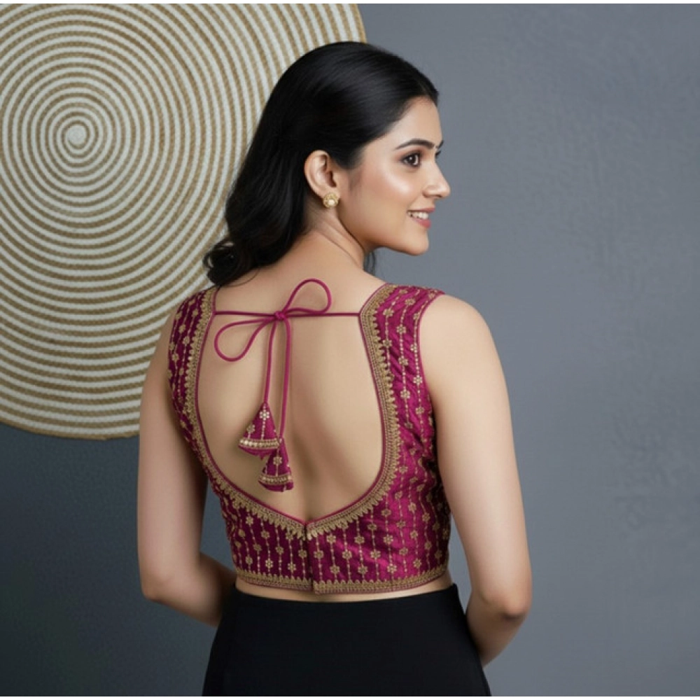 Women's Silk Blend Embroidered V-Neck Non Padded Blouse (Dark Wine 38 Ready (Alterable up to 42)