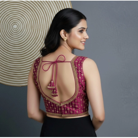 Generic Women's Silk Blend Embroidered V-Neck Non Padded Blouse (Dark Wine 38 Ready (Alterable up to 42)