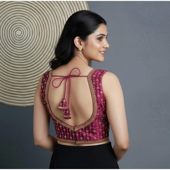 Generic Women's Silk Blend Embroidered V-Neck Non Padded Blouse (Dark Wine 38 Ready (Alterable up to 42)