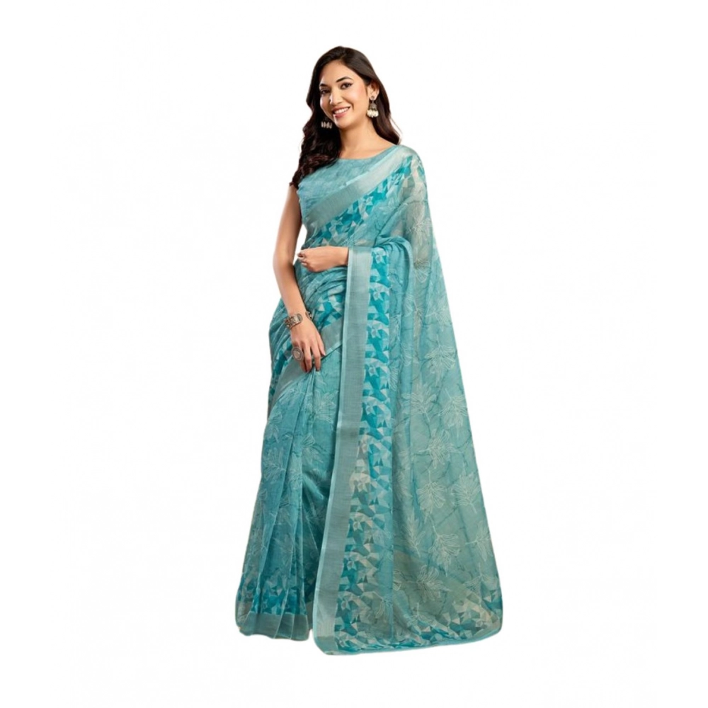 Generic Women's Faux_Linen Printed Ready-to-Wear Saree With Unstitched Blouse 5.5 Mtr (Aqua_Blue) Generic Women's Faux_Linen Printed Ready-to-Wear Saree With Unstitched Blouse 5.5 Mtr (Aqua_Blue)