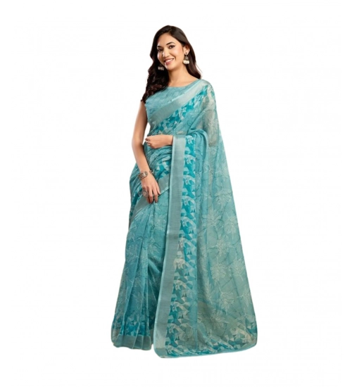 Generic Women's Faux_Linen Printed Ready-to-Wear Saree With Unstitched Blouse 5.5 Mtr (Aqua_Blue)