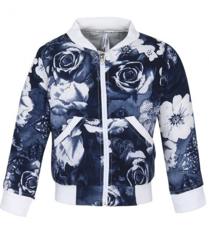 Generic Girl's Polyester Printed Long Sleeves Bomber Jacket (White-Blue)