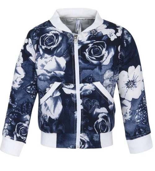 Generic Girl's Polyester Printed Long Sleeves Bomber Jacket (White-Blue)