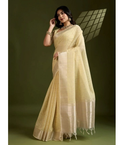 Generic Women's Tissue Checks_With_Buttis Saree With Unstitched Blouse 5.5Mtr (Yellow)