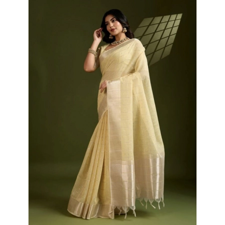Generic Women's Tissue Checks_With_Buttis Saree With Unstitched Blouse 5.5Mtr (Yellow)