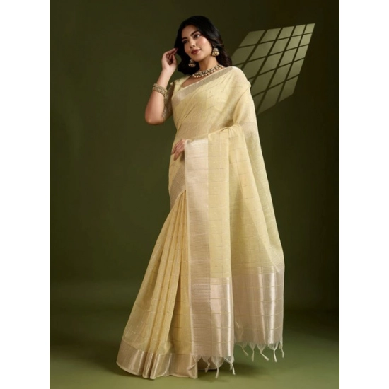 Generic Women's Tissue Checks_With_Buttis Saree With Unstitched Blouse 5.5Mtr (Yellow)