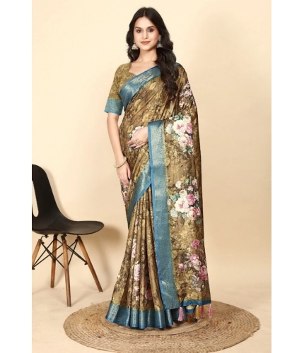 Generic Women's Cotton Blend Floral Printed Saree With Unstitched Blouse 5.5Mtr (Multicolor)