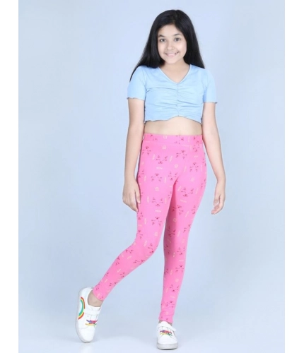 Generic Girl's Cotton Lycra Printed Elasticated Leggings (Pink)