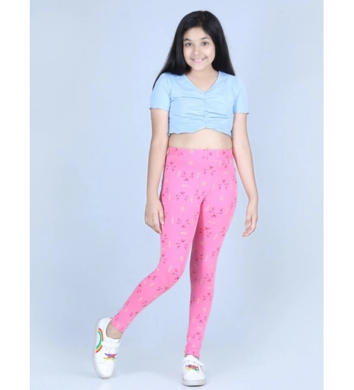 Generic Girl's Cotton Lycra Printed Elasticated Leggings (Pink)