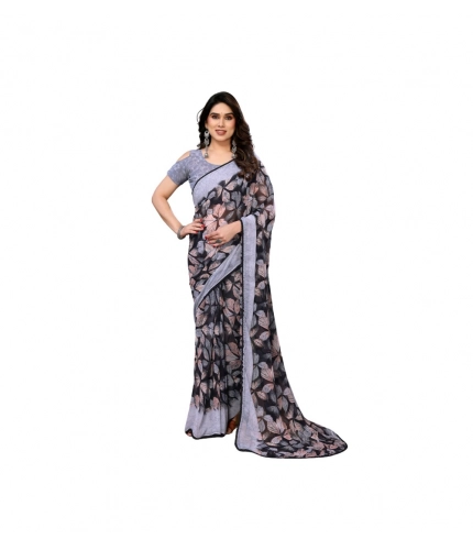 Generic Women's Chiffon Printed Saree With Unstitched Blouse 5.5Mtr (Grey)