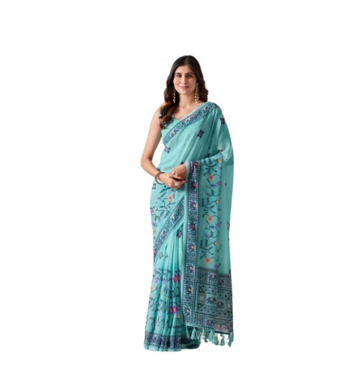 Generic Women's Georgette Printed Saree With Unstitched Blouse 5.5Mtr (Aqua_Blue)