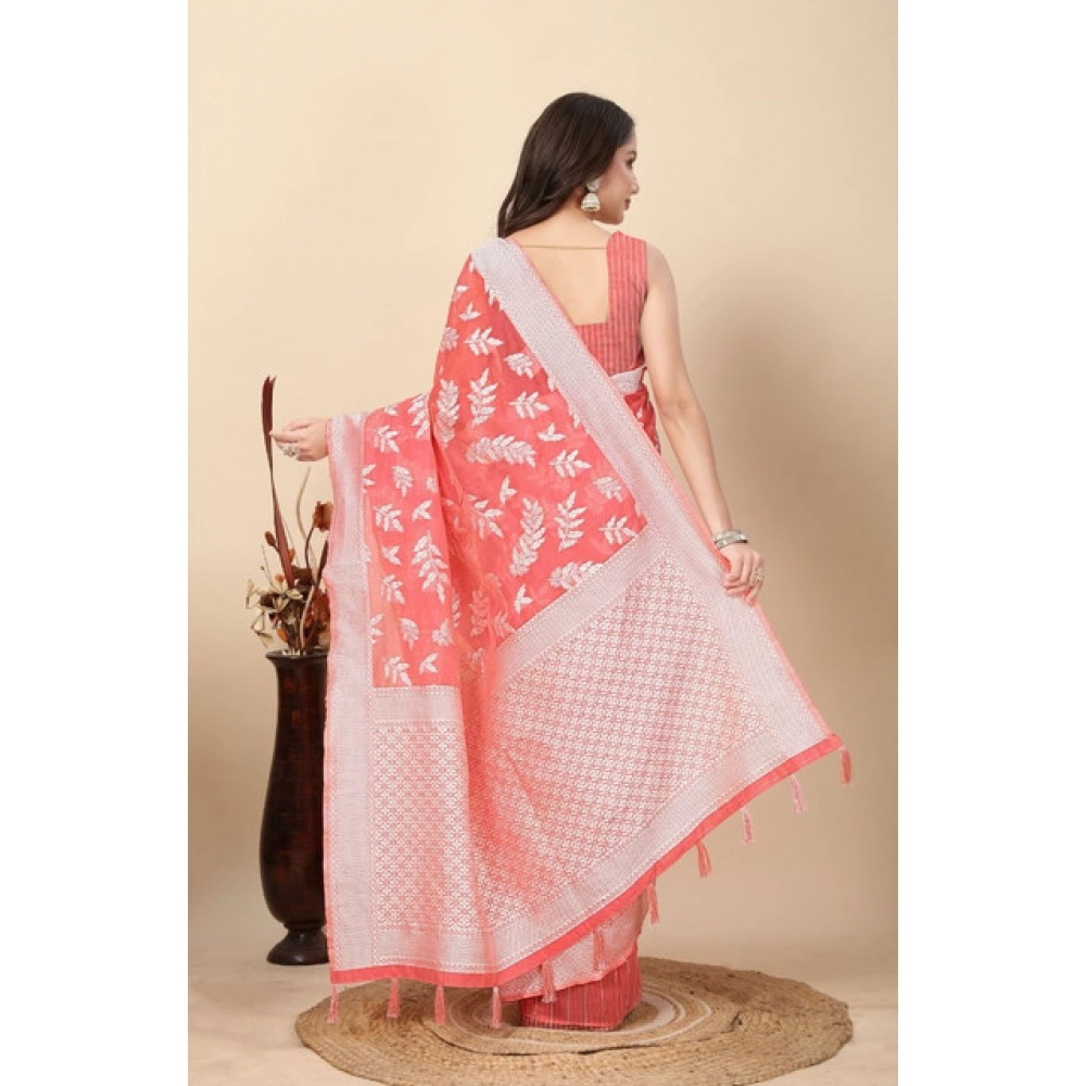 Women's Art Silk Jacquard Printed Saree With Unstitched Blouse 5.5Mtr (Peach)