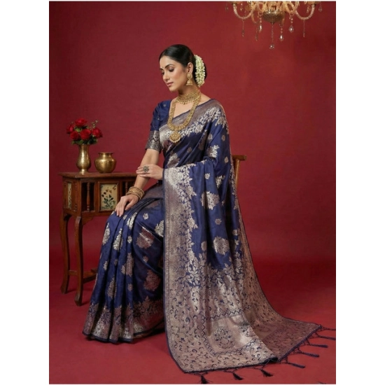 Generic Women's Silk Blend Printed Saree With Unstitched Blouse 5.5Mtr (Navy Blue)