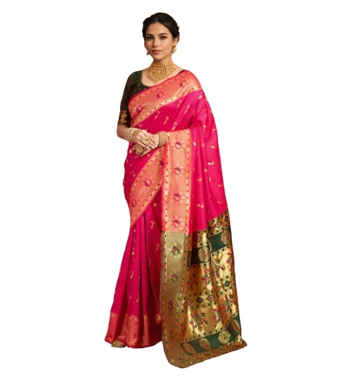 Generic Women's Silk Blend Zari Weaving Saree With Unstitched Blouse 5.5Mtr (Pink)
