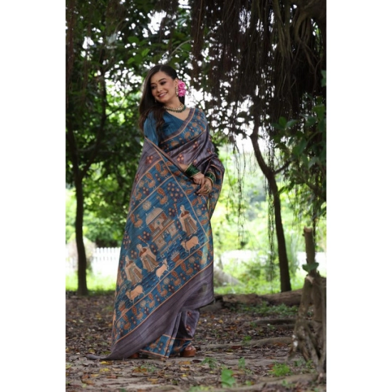 Generic Women's Faux_Tussar_Silk Printed Saree With Unstitched Blouse 5.5Mtr (Grey)