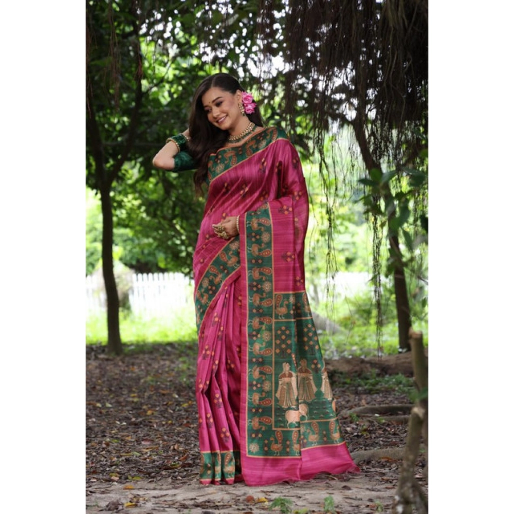 Generic Women's Faux_Tussar_Silk Printed Saree With Unstitched Blouse 5.5Mtr (Pink)