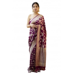 Generic Women's Soft Litchi Silk Jacquard Work Saree With Unstitched Blouse 5.5Mtr (Purple)