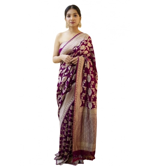 Generic Women's Soft Litchi Silk Jacquard Work Saree With Unstitched Blouse 5.5Mtr (Purple)