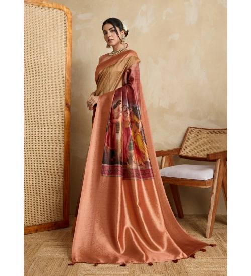 Generic Women's Silk Printed Saree With Unstitched Blouse 5.5Mtr (Peach)