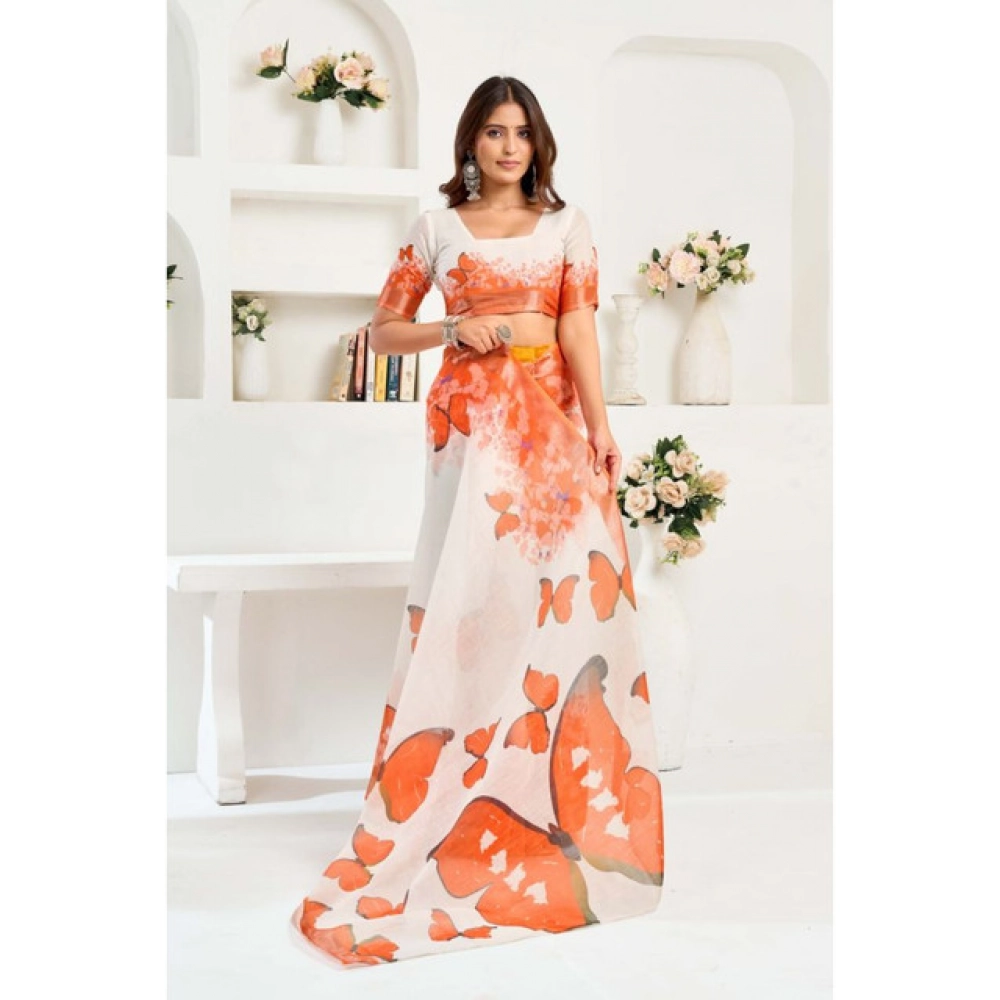 Generic Women's Linen Cotton Printed Ready To Wear Saree With Unstitched Blouse 5.5 Mtr (Orange)
