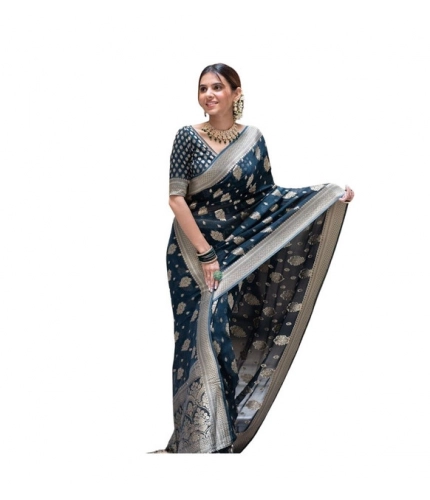 Generic Women's Soft Lichi Silk Printed Saree With Unstitched Blouse 5.5Mtr (Blue)