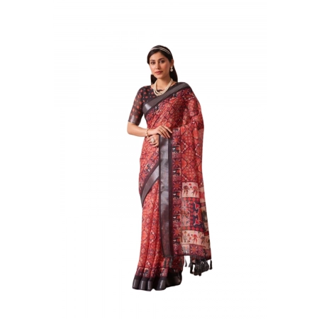 Generic Women's Faux_Linen Printed Saree With Unstitched Blouse 5.5Mtr (Red)