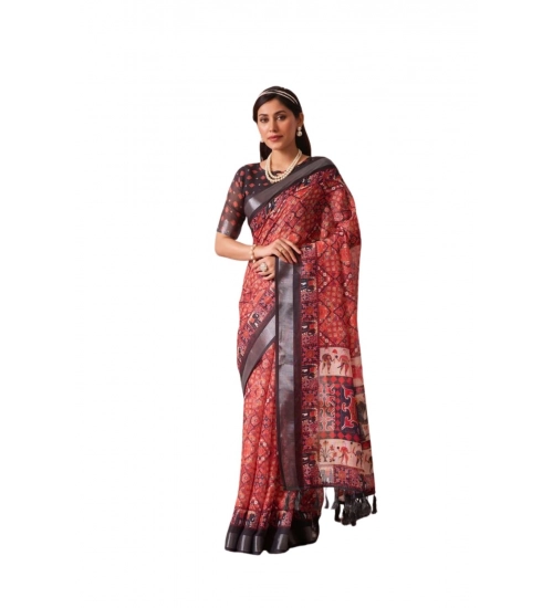 Generic Women's Faux_Linen Printed Saree With Unstitched Blouse 5.5Mtr (Red)