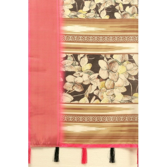 Generic Women's Cotton Silk Floral Printed Saree With Unstitched Blouse 5.5Mtr (Black)