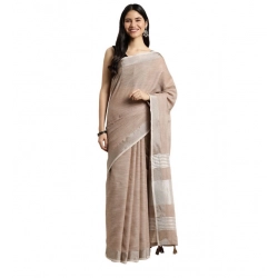 Generic Women's Linen Cotton Printed Saree With Unstitched Blouse 5.5Mtr (Beige)