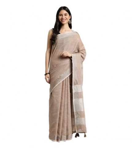 Generic Women's Linen Cotton Printed Saree With Unstitched Blouse 5.5Mtr (Beige)