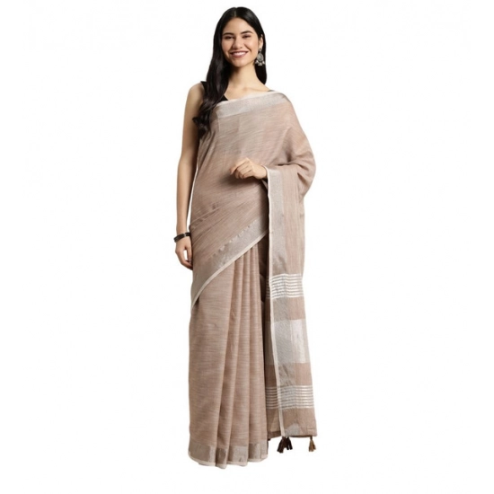 Generic Women's Linen Cotton Printed Saree With Unstitched Blouse 5.5Mtr (Beige)