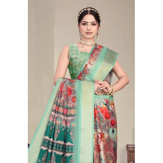 Generic Women's Cotton Silk  Printed Saree With Unstitched Blouse 5.5Mtr (Light Green)