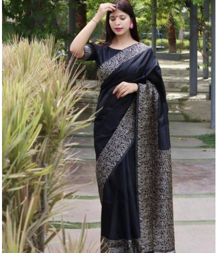 Generic Women's Soft Lichi Silk Printed Saree With Unstitched Blouse 5.5Mtr (Black)