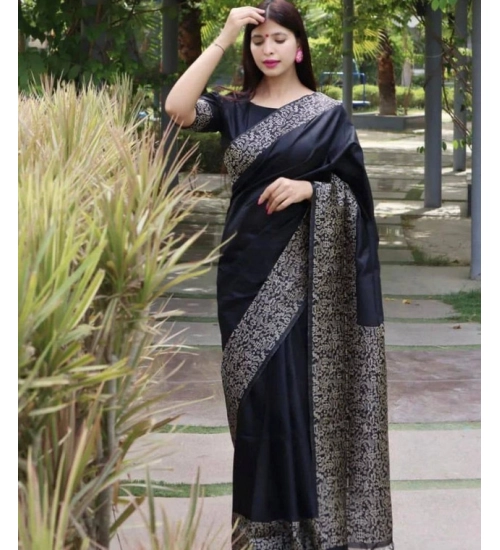 Generic Women's Soft Lichi Silk Printed Saree With Unstitched Blouse 5.5Mtr (Black)