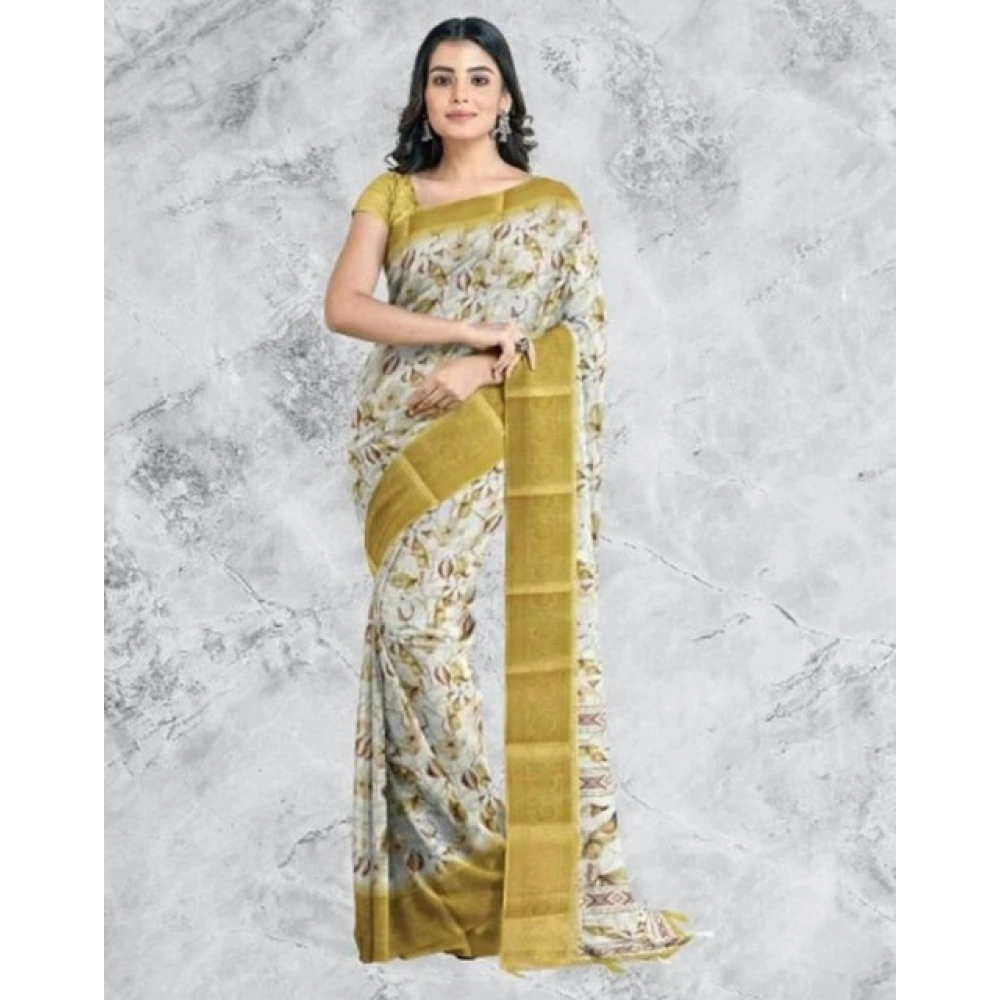Women’s Cotton Blend Floral Printed Saree With Unstitched Blouse 5.5Mtr (Mustard)