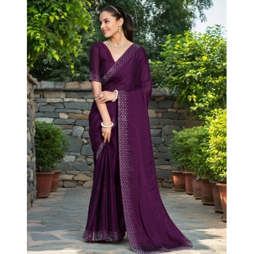 Women's Rangoli Diamond Weaving - Stone Work Saree With Unstitched Blouse 5.5Mtr (Purple)