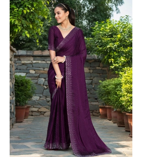 Generic Women's Rangoli Diamond Weaving - Stone Work Saree With Unstitched Blouse 5.5Mtr (Purple)