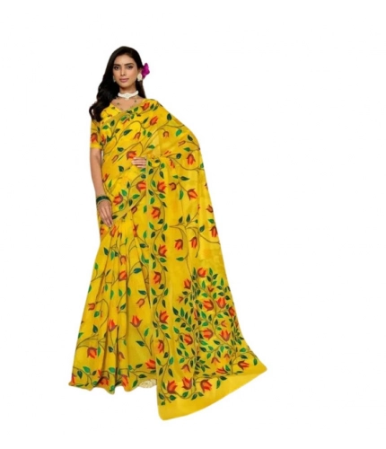 Generic Women's Georgette Printed Saree With Unstitched Blouse 5.5Mtr (Yellow)