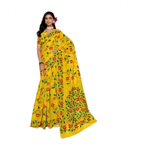 Generic Women's Georgette Printed Saree With Unstitched Blouse 5.5Mtr (Yellow)