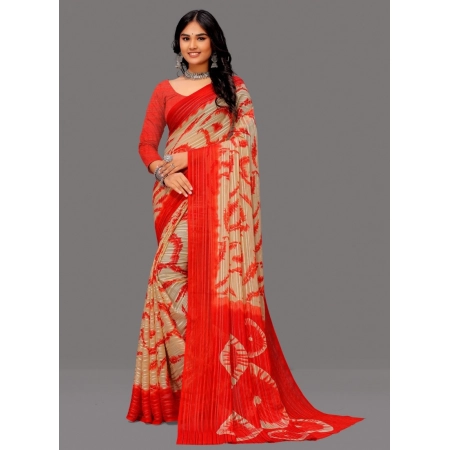 Generic Women's Georgette Striped Printed Saree With Unstitched Blouse 5.5Mtr (Red-Beige)